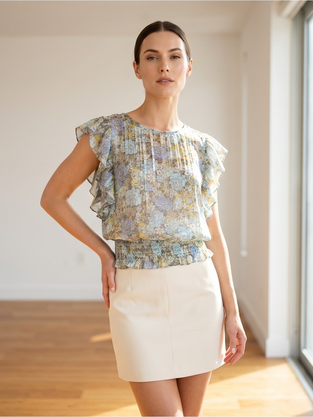 Pleione Sheer Light Blue Multi Floral Ruffle Sleeve Blouse
